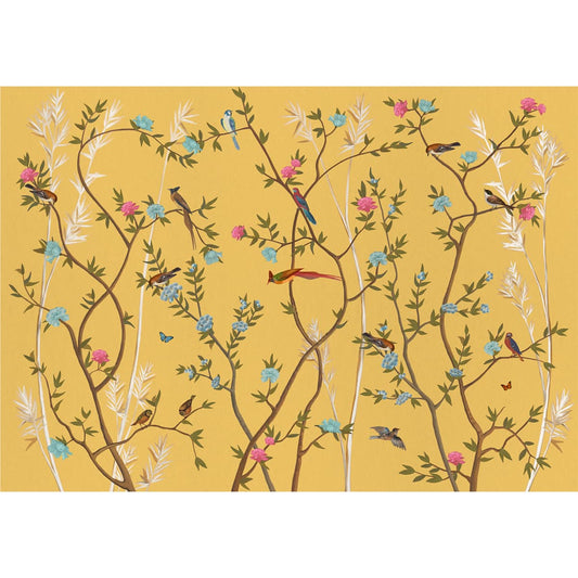 Yellow Chinoiserie Wallpaper with Flowers and Birds, Customised