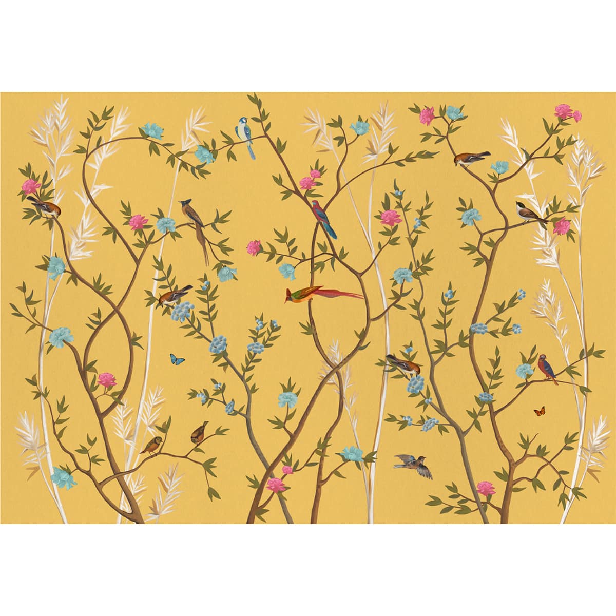Yellow Chinoiserie Wallpaper with Flowers and Birds, Customised