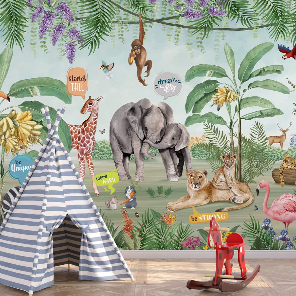 Jungle Theme Wallpaper with Cute Animals and Quotes, Customised