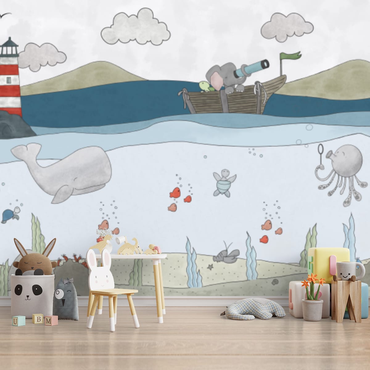 Aquatic Animals Kids Room Wallpaper, Ocean Theme Wallpapers for Kids, Customised
