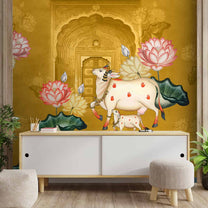 Pichwai Style Wallpaper for Lobby and Temple Walls, Yellow