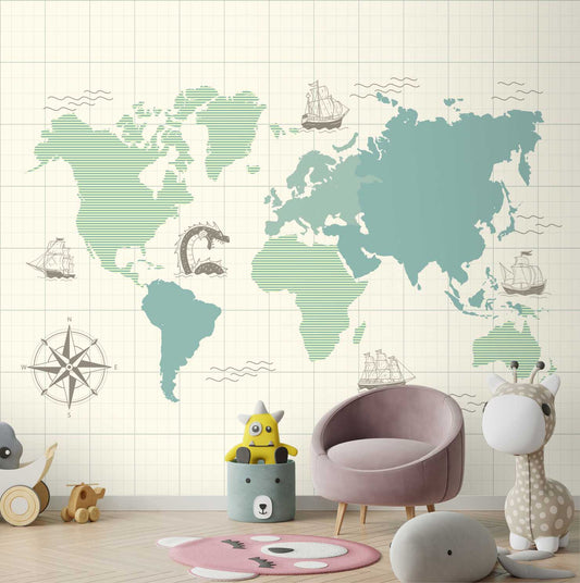 Big Pastel Green World Map for Kids Room Walls