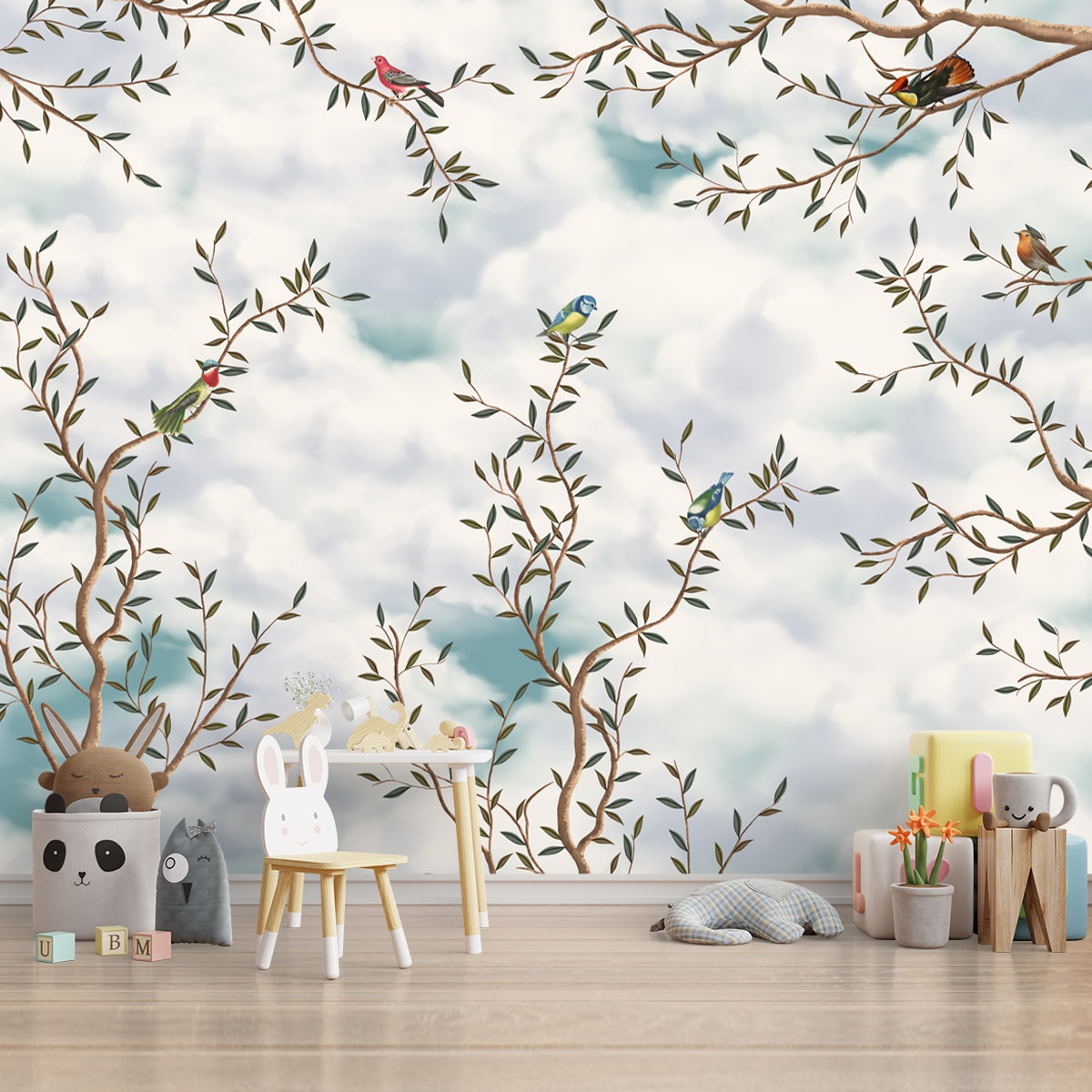 Birds on Branches with Clouds Wallpaper