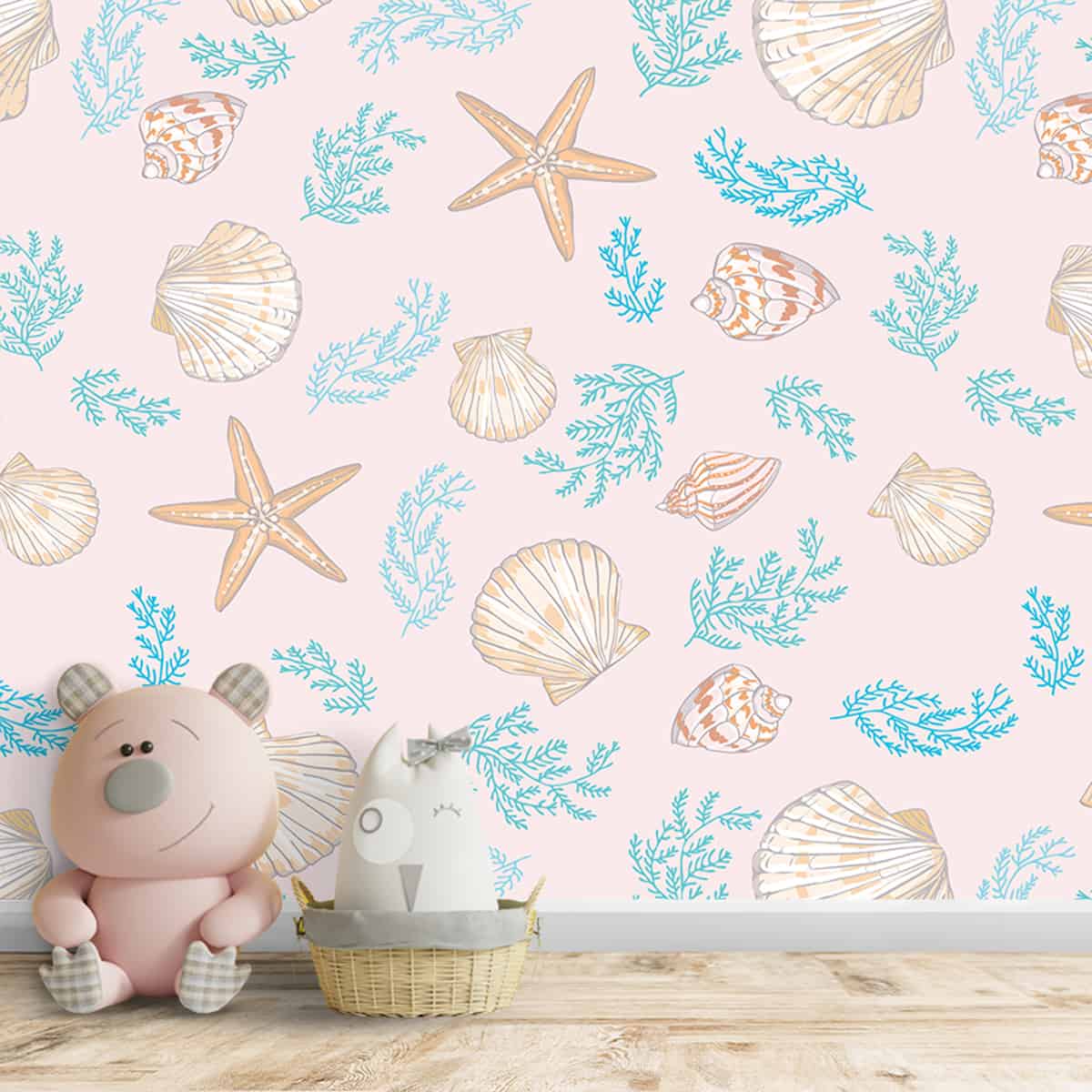 Aquatic Theme Wallpaper with Sea Shells and Starfish