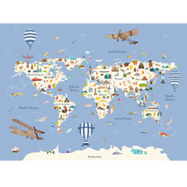 Kids World Map with Monuments, Wallpaper for Kids Bedroom, Blue Worldmap