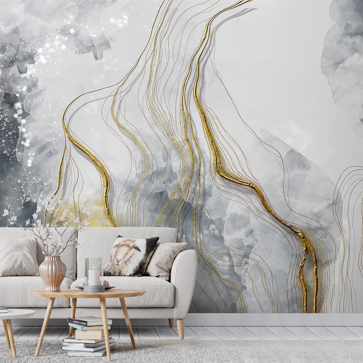 3D Look Marble Wallpaper with Gold Color Lines, Customised