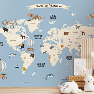 Pastel Blue Kids Room World Map Wallpaper