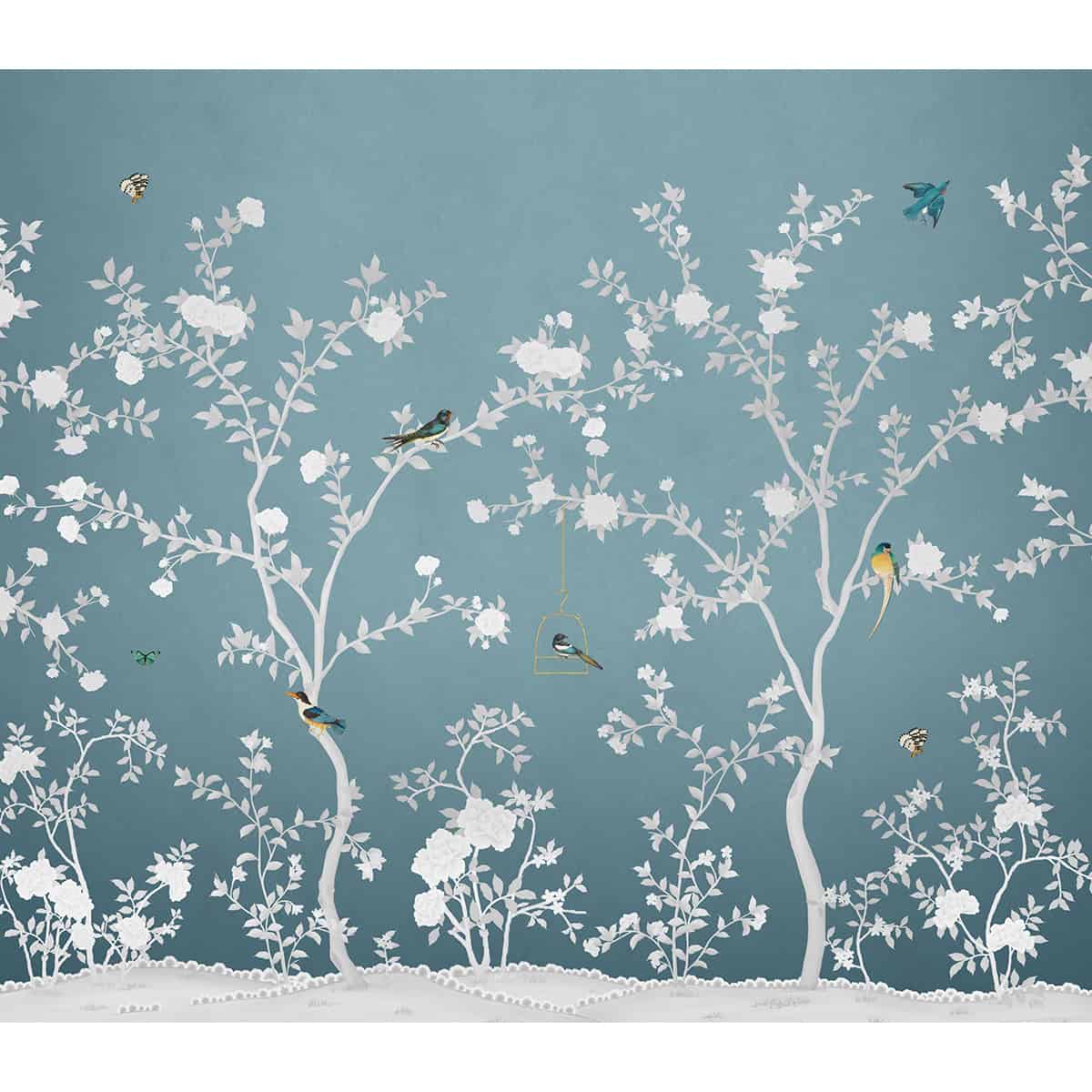 Aura in the Garden, Chinoiserie Wallpaper, Blue, Customised