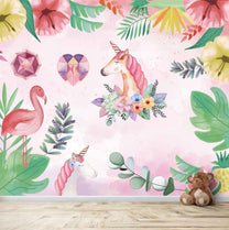 Water Painted Unicorn With Flowers, Mural for kids Room