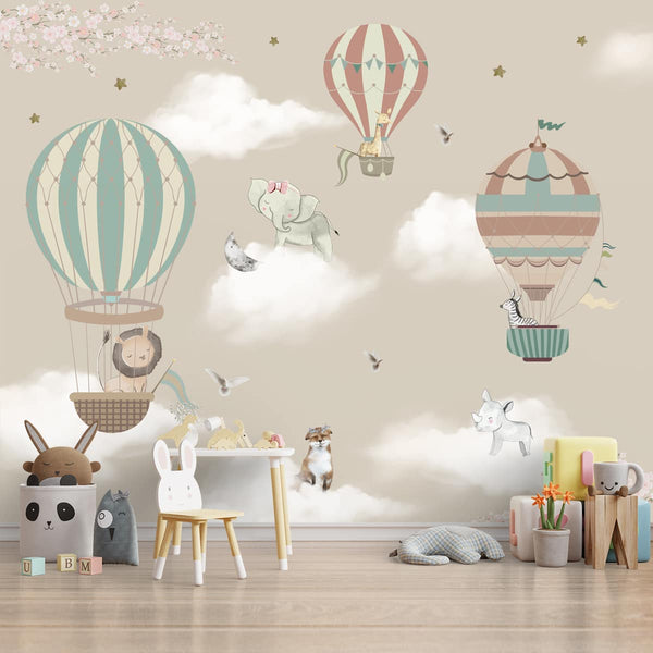 Hot Air Balloons with Animals Wallpaper for Kids Room Walls, Kids Wall ...