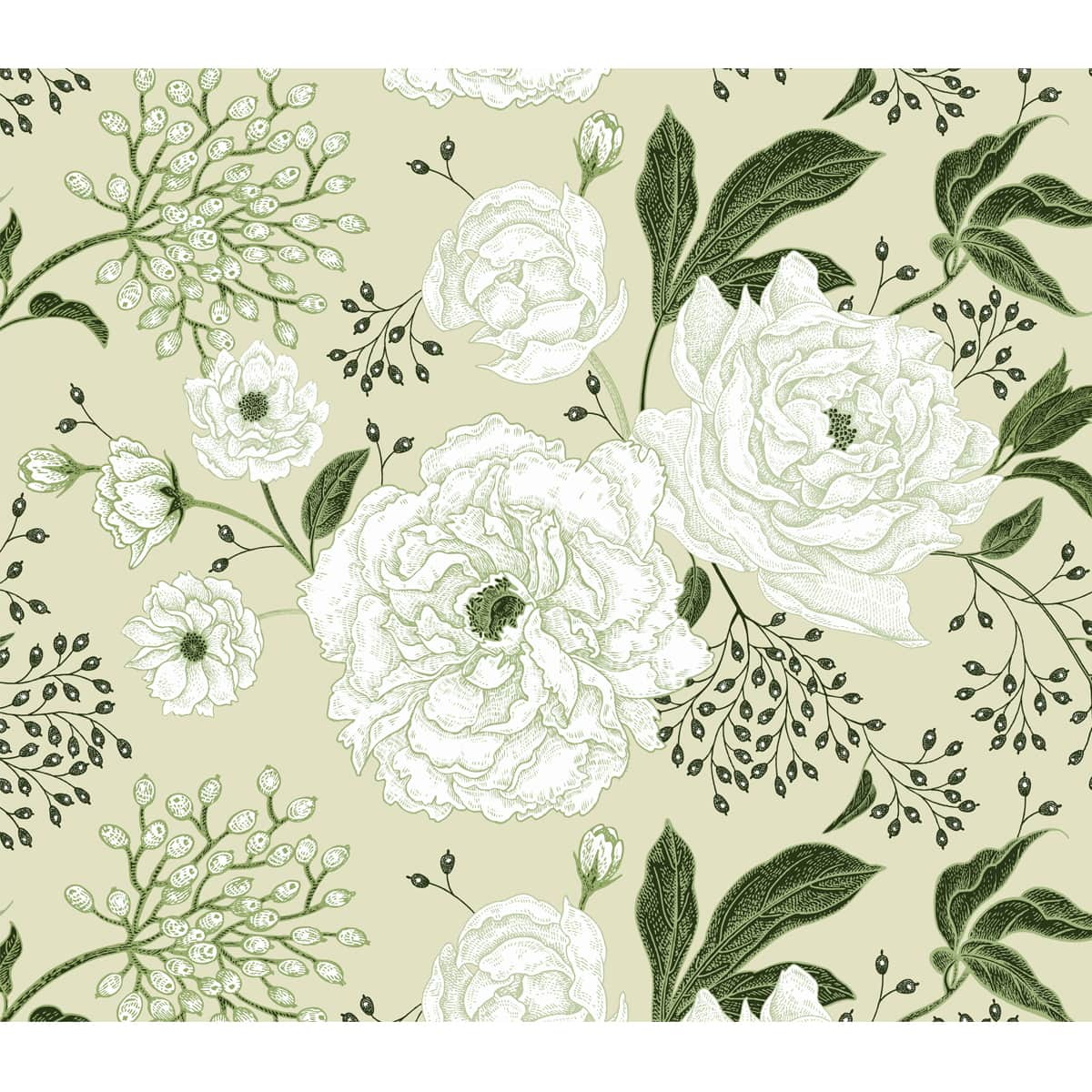 White and Green Vintage Floral Wallpaper, Customised