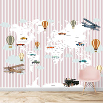 World Map with Gliders, Hot Air Balloons and Vintage Cars, Kids Room World Maps