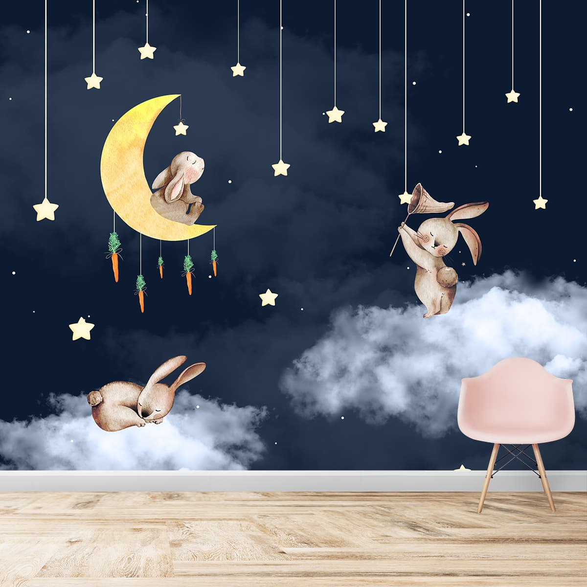 Bunnies in Night Kids Room Wallpaper, Blue