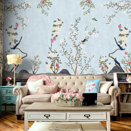 Beautiful Blue Chinoiserie Bedroom Wallpaper