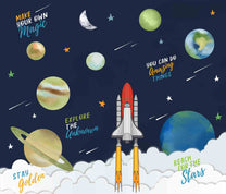 Space Theme Kids Room Wallpaper With Planets, Rockets and Motivational Quotes