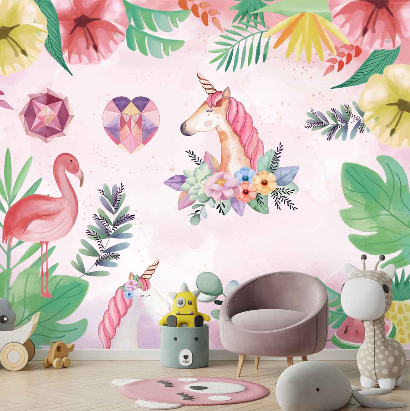 Water Painted Unicorn With Flowers, Mural for kids Room