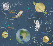 Customized Space Theme Wallpaper for Kids Room, Planets, rockets, Astronauts, Blue
