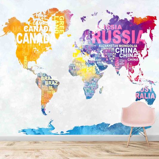 Abstract Colourful World Map for Walls, Vibrant Colors