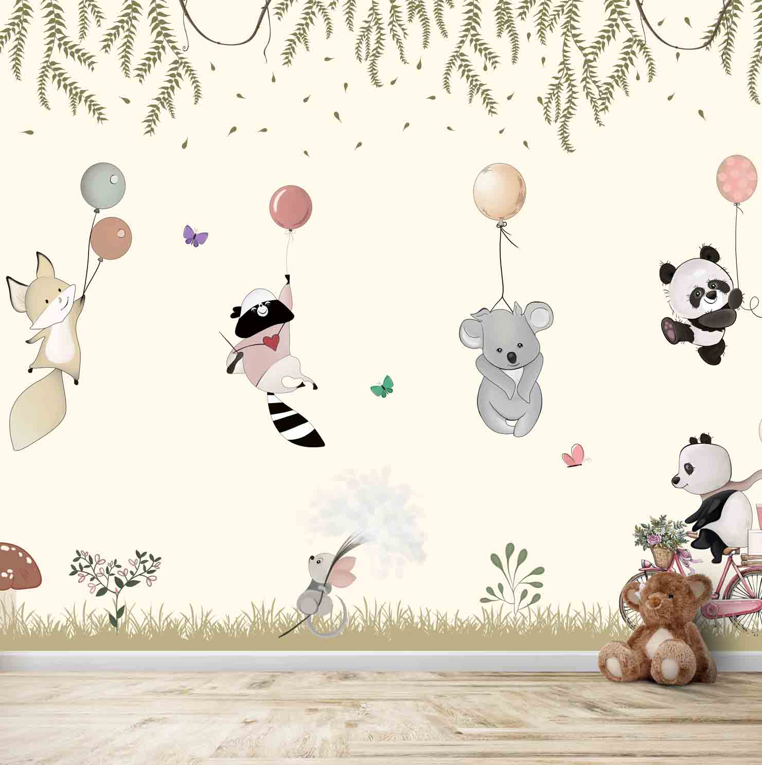 Cute Animals Flying With Balloons Theme for Kids Room