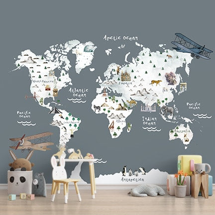 World Map Wallpaper for Young Kids, World Map with Monuments & Animals
