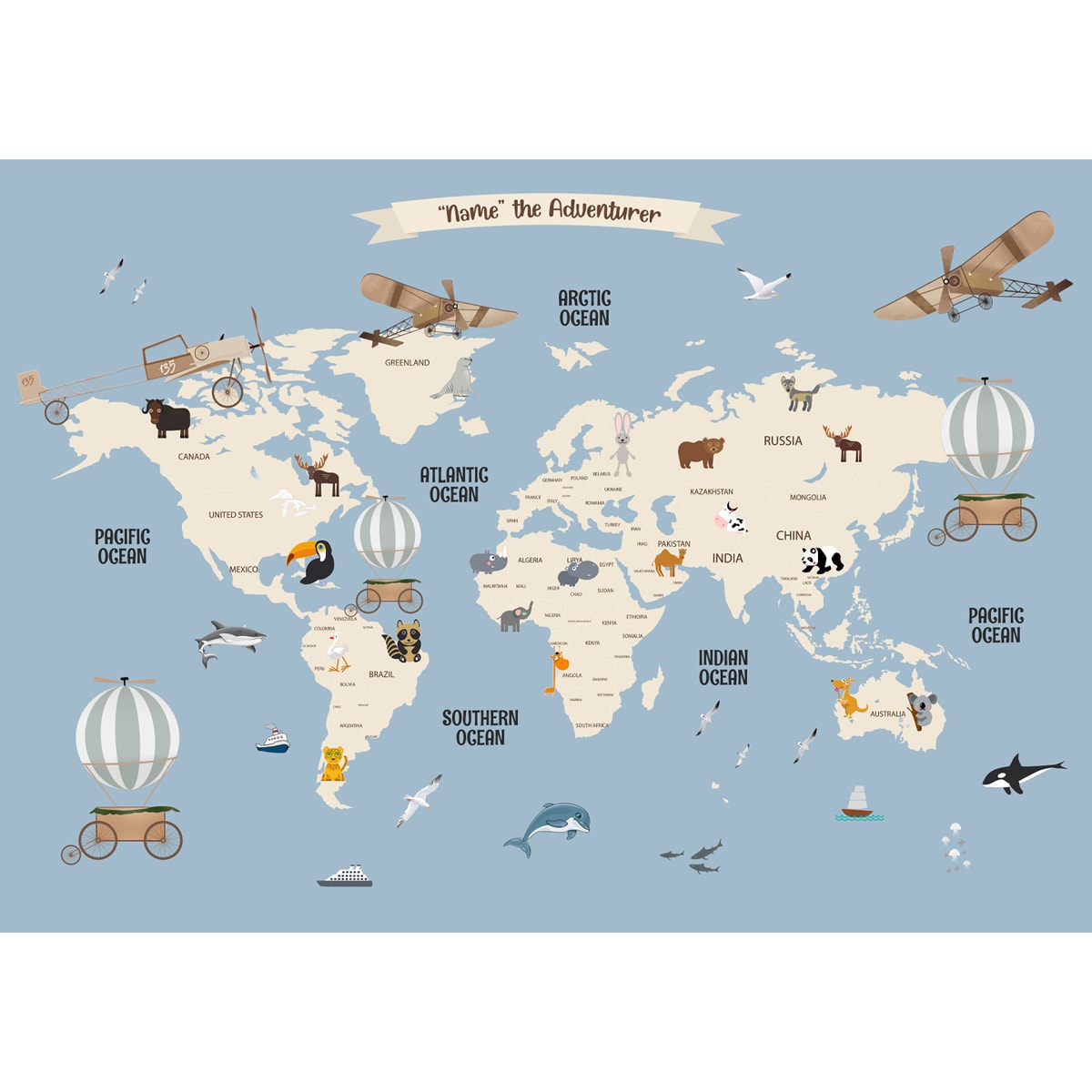 Large World Map Wallpaper with Cute Animals for Walls, Grey | Life n Colors