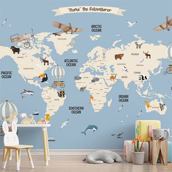 Pastel Blue Kids Room World Map Wallpaper | Life n Colors
