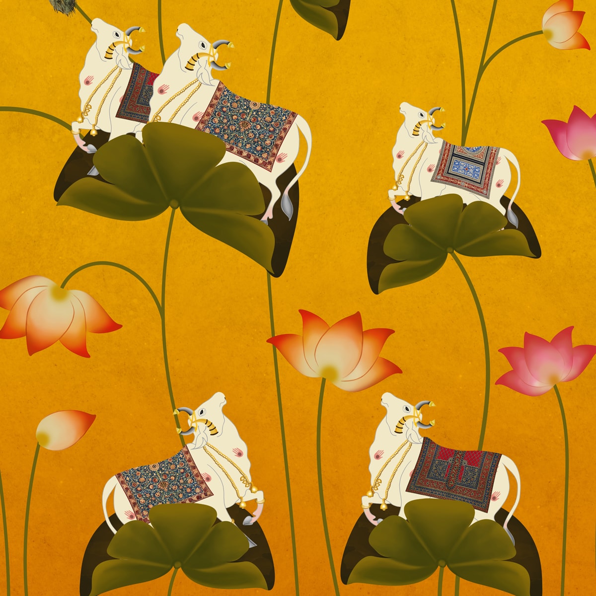 Pichwai Floral Cow Painting Inspired Yellow Wallpaper for Walls