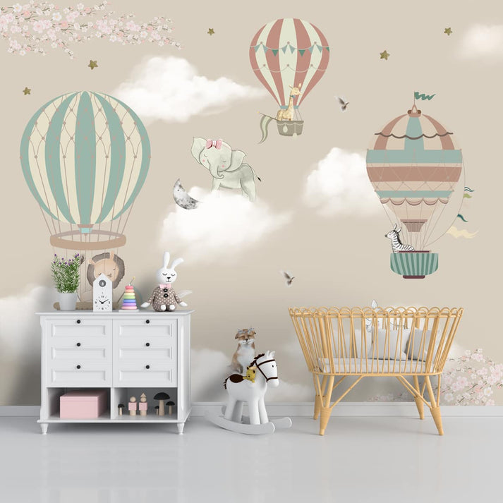 Hot Air Balloons with Animals Wallpaper for Kids Room Walls, Kids Wall ...