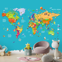 Blue Colourful World Map for Kids Room Walls
