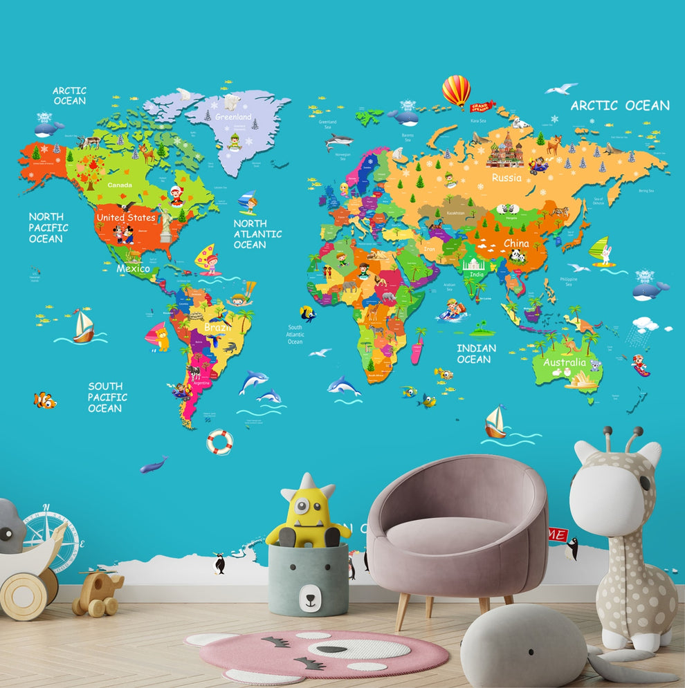 Blue Colourful World Map for Kids Room Walls | Life n Colors