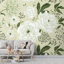 White and Green Vintage Floral Wallpaper for Living room