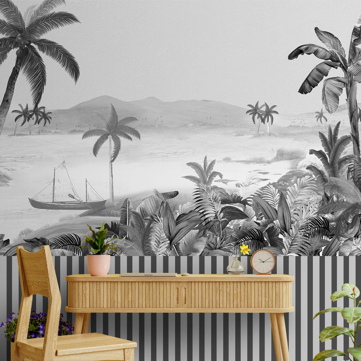 Silent Night, Tropical Beach Wallpaper, Black and White