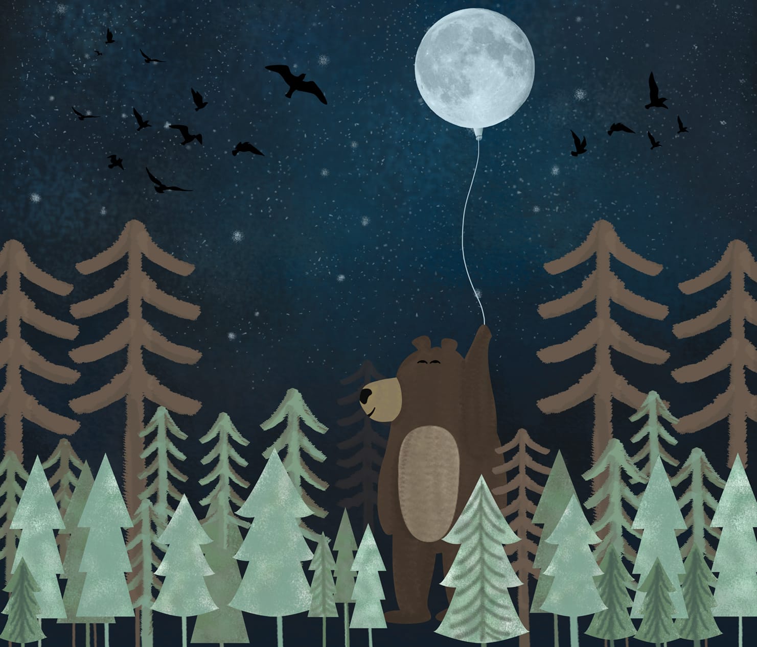 Jungle Theme Giant Bear, Nightscape With Glittery Stars, mural for kids room, Customised