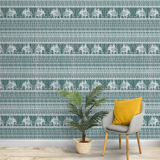 Green Fabric Look with Elephants Indian Wallpaper
