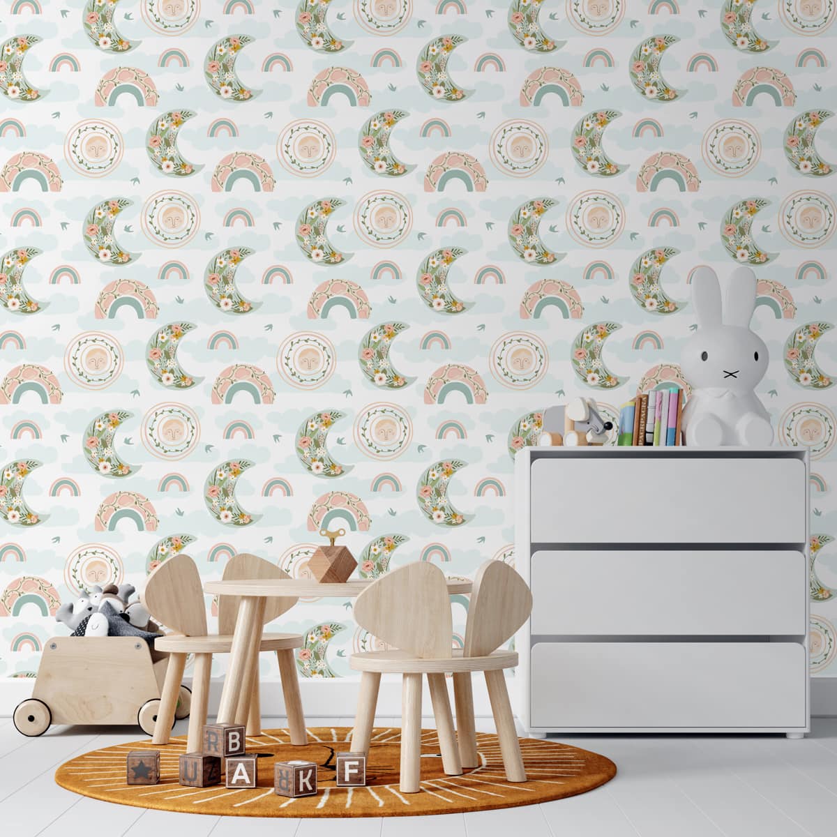 Floral Rainbows and Moon Baby Wallpaper, Customised