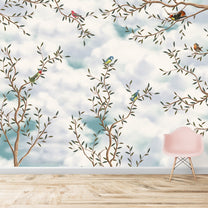 Birds on Branches with Clouds Wallpaper