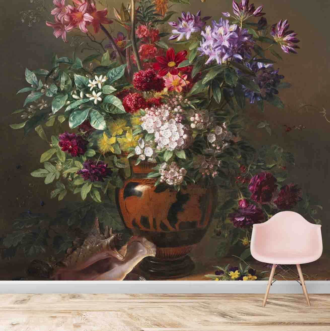 3D Look Flower Vase Painting Wallpaper, Customised