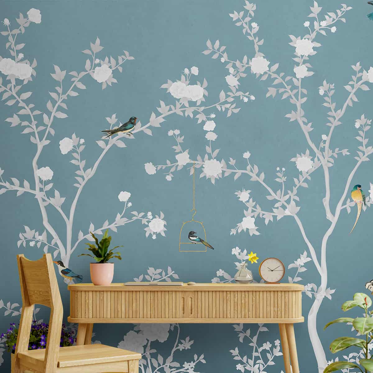 Aura in the Garden, Chinoiserie Wallpaper, Blue, Customised