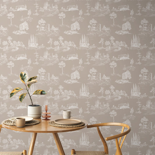Charming Toile Elegance: Beige Color Room Wallpaper