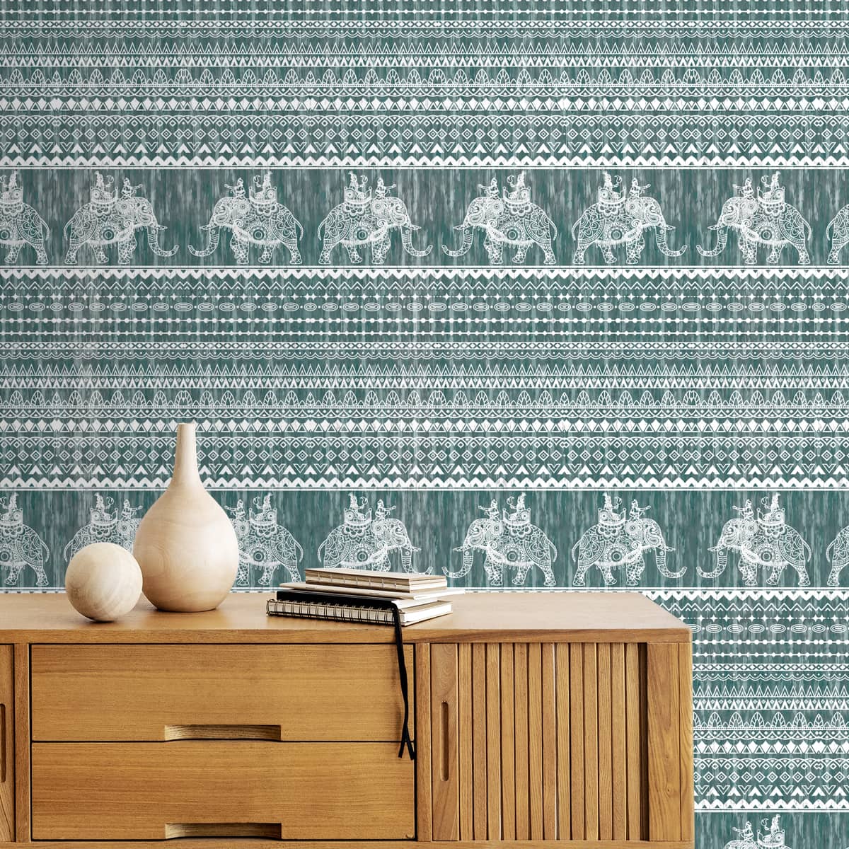 Green Fabric Look with Elephants Indian Wallpaper