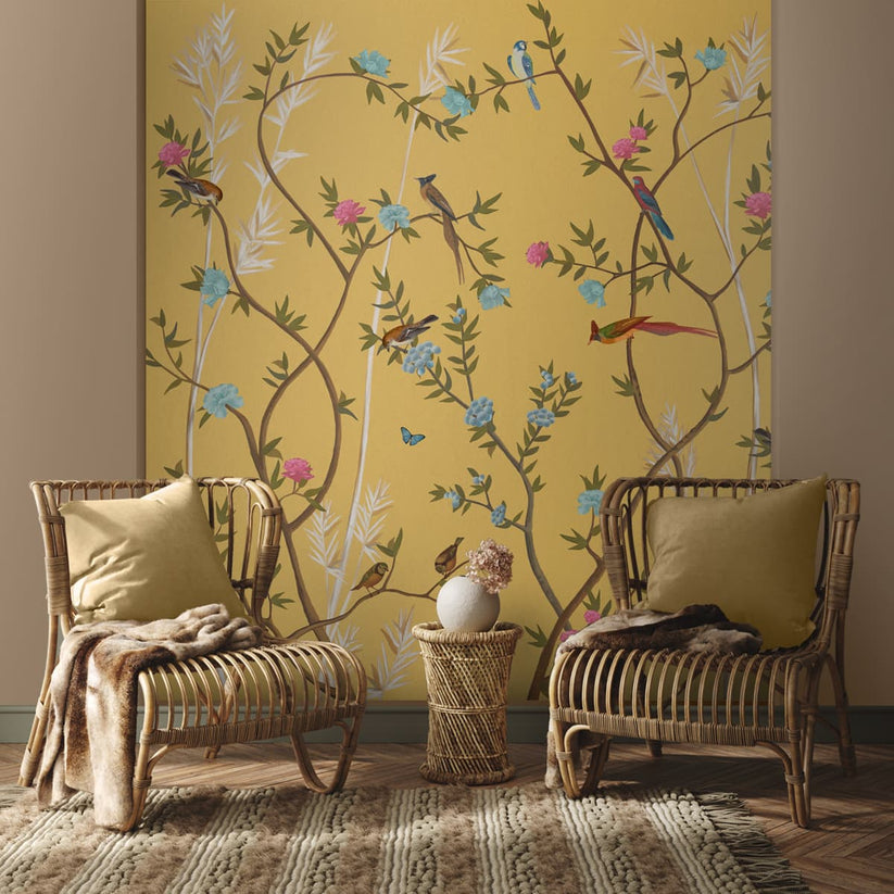 Yellow Chinoiserie Wallpaper with Flowers and Birds, Customised