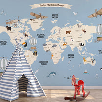 Pastel Blue Kids Room World Map Wallpaper
