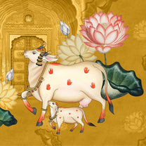 Pichwai Style Wallpaper for Lobby and Temple Walls, Yellow