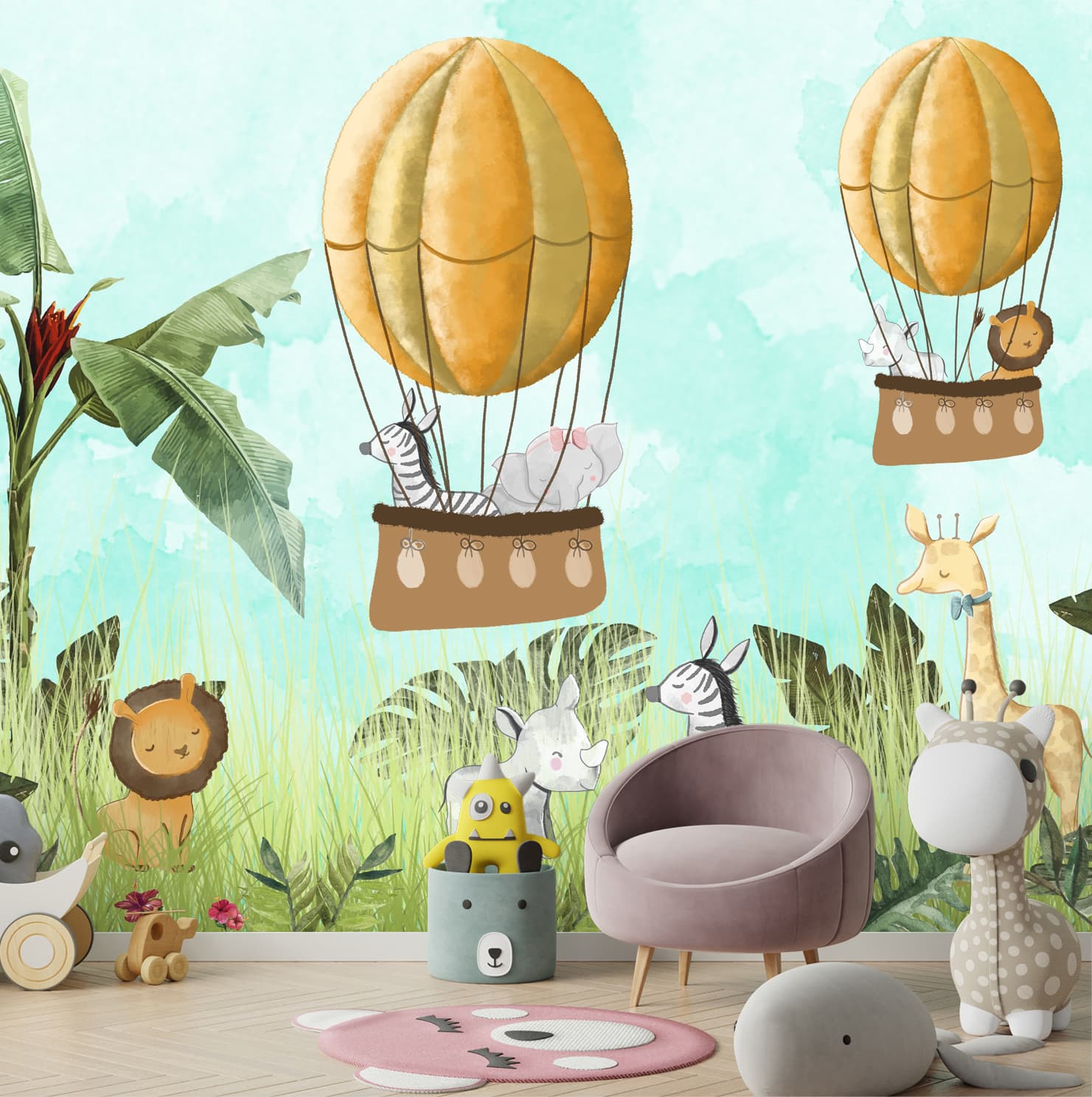 Cute Jungle Animals in Balloon Wallpaper, Customised