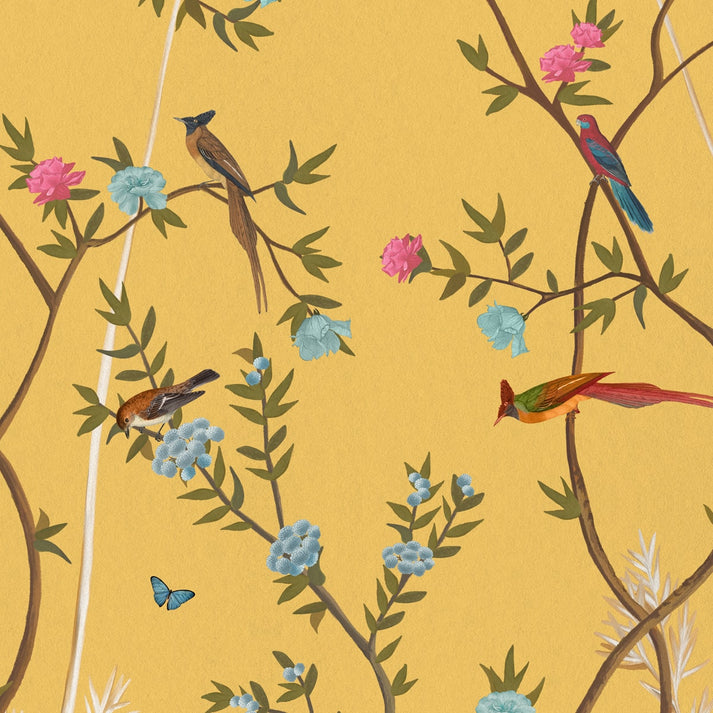 Yellow Chinoiserie Wallpaper with Flowers and Birds, Customised ...