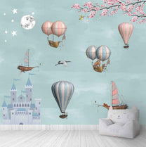 Cute Animals in Hot Air Balloon Wallpaper, Children Room, Customised