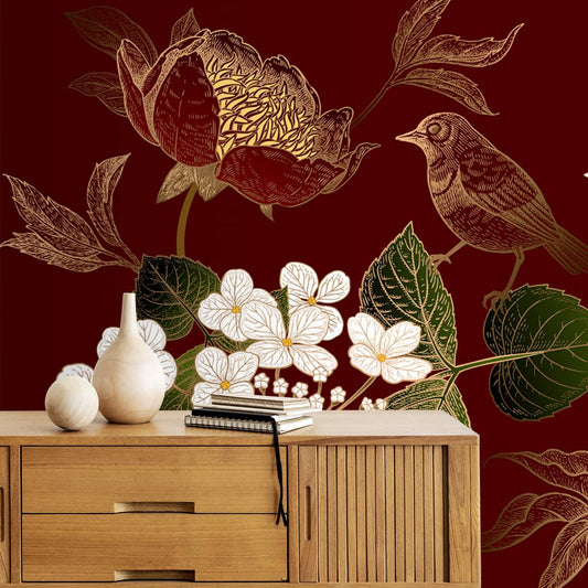 Red and Golden Floral Wallpaper with Birds, Customised