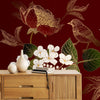 Papier peint floral rouge et doré avec des oiseaux, personnalisé
