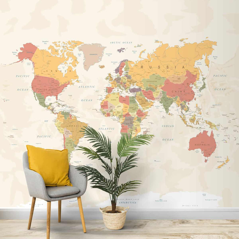 Large World Map Wallpaper, Pastel Shades, Customised | Life n Colors