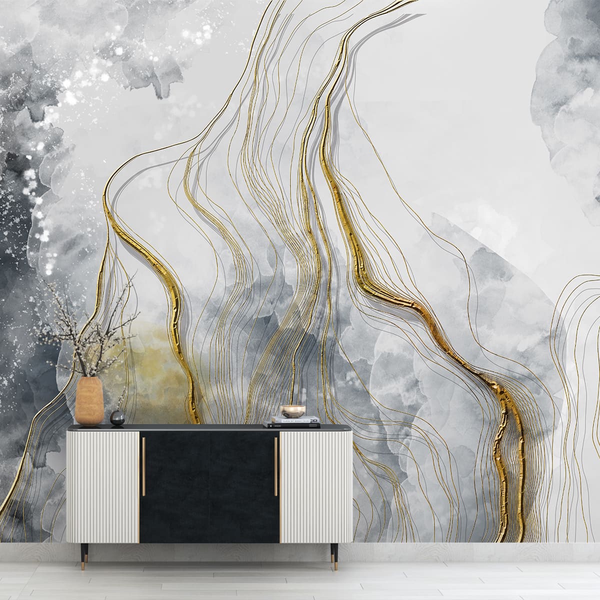 3D Look Marble Wallpaper with Gold Color Lines, Customised